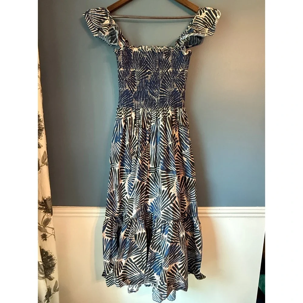 Cara Cara Blue Palm Print Smocked Midi Dress Ruffle Sleeve Cotton Medium - Picture 2 of 6